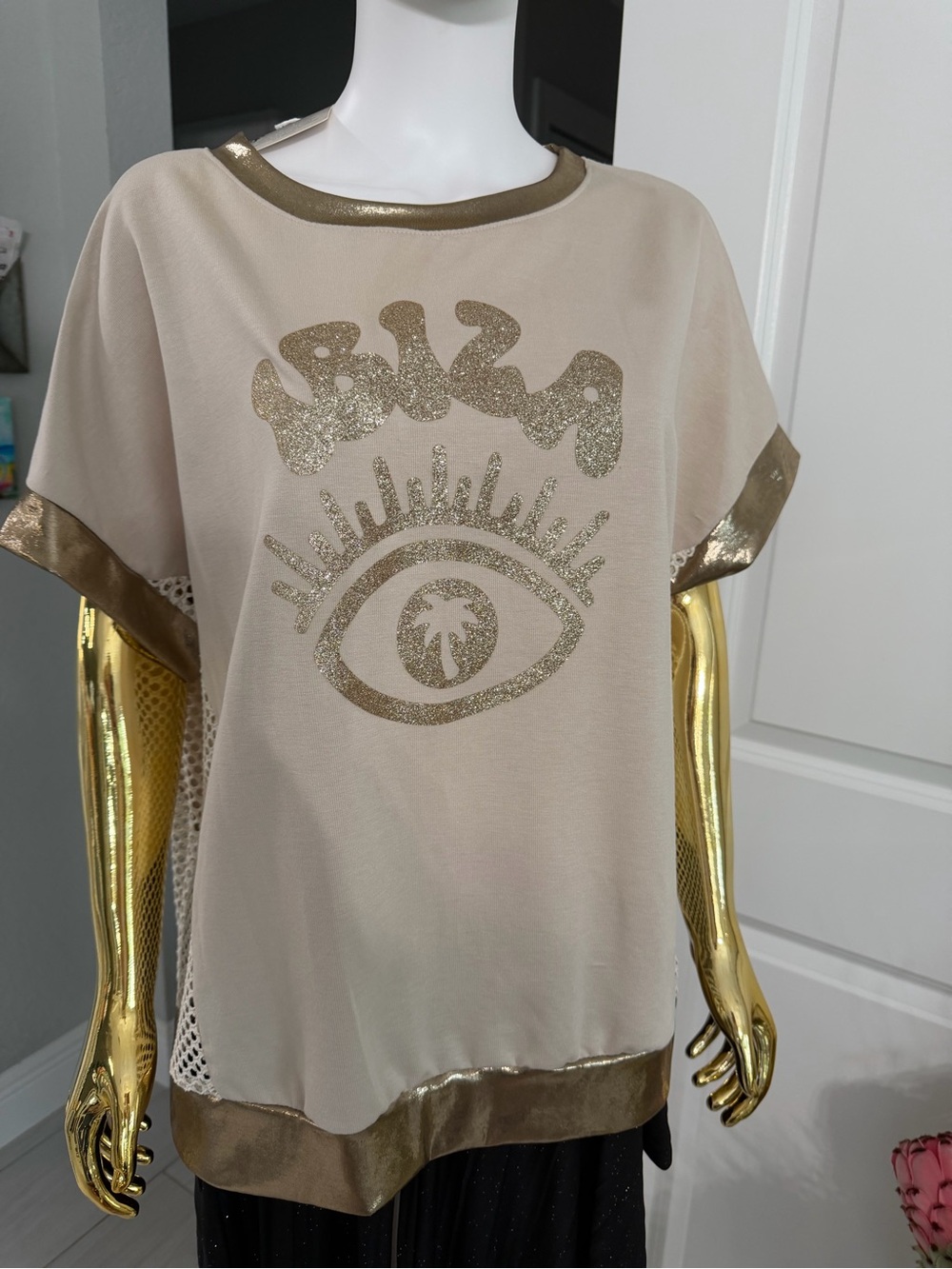 Beige Short Sleeve Tunic with Gold Graphic Trim IBIZA Size L/XL